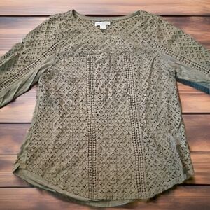 Canyon River Blues Olive Green Eyelet Lace Blouse Size L